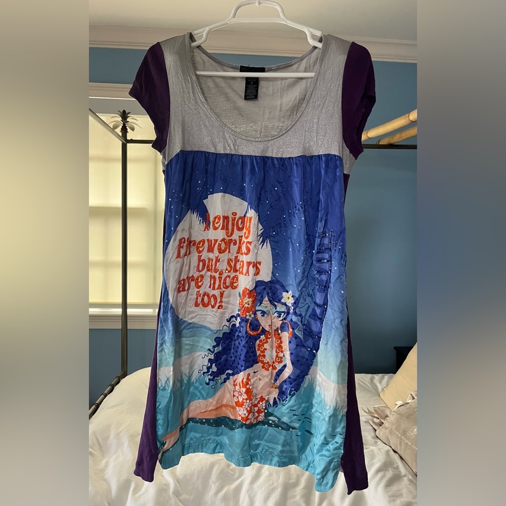 Custo Graphic Print Dress with Purple and Blue Sequin Accents